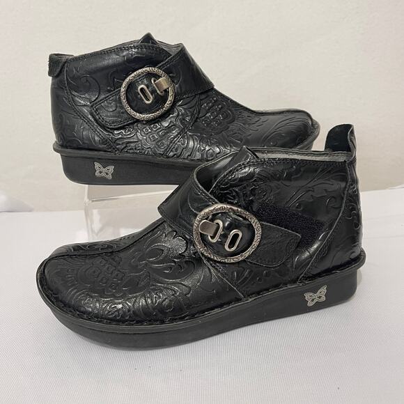 Alegria Ankle Booties Womens EU 36 US 6-6.5 Black Tooled Leather Hook & Loop - Picture 1 of 10